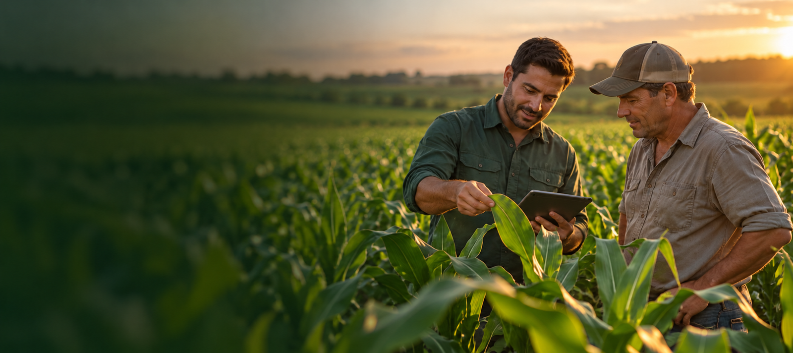 Agrónomo y productor observando una hoja de maíz en el campo.